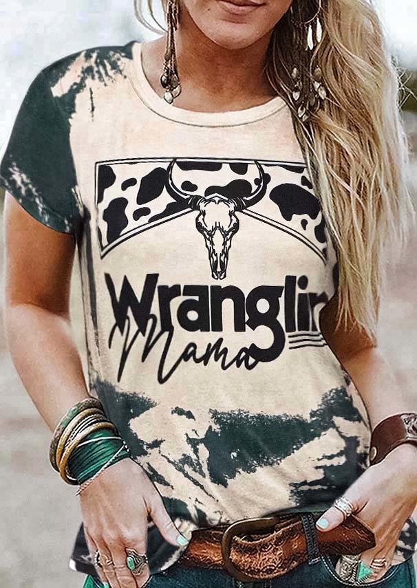 Wranglin Mama Cow Steer Skull Bleached T-Shirt Tee