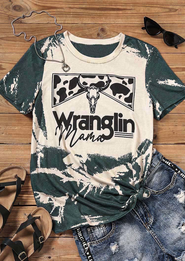 

Wranglin Mama Cow Steer Skull Bleached T-Shirt Tee, Multicolor, SCM004381