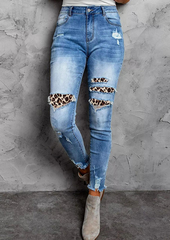 

Leopard Frayed Hem Pocket Button Zipper Denim Pants - Blue, SCM004508