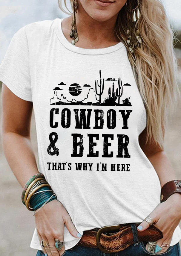 

Cowboy & Beer That's Why I' Here Cactus T-Shirt Tee - White, SCM004546