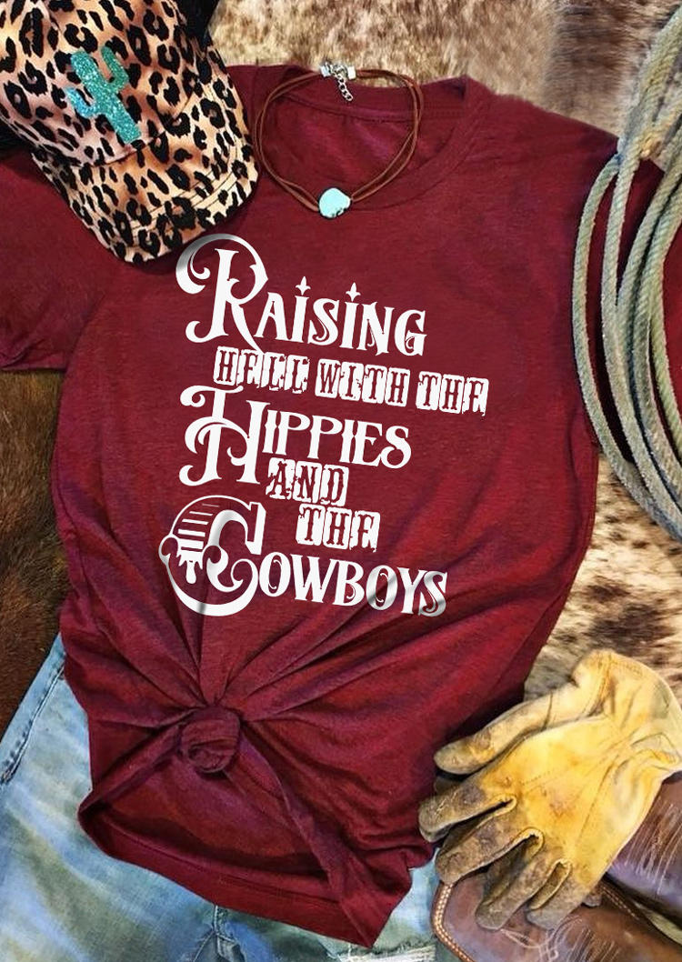 

Raising Hell With The Hippies And The Cowboys T-Shirt Tee - Burgundy, Red, SCM004586