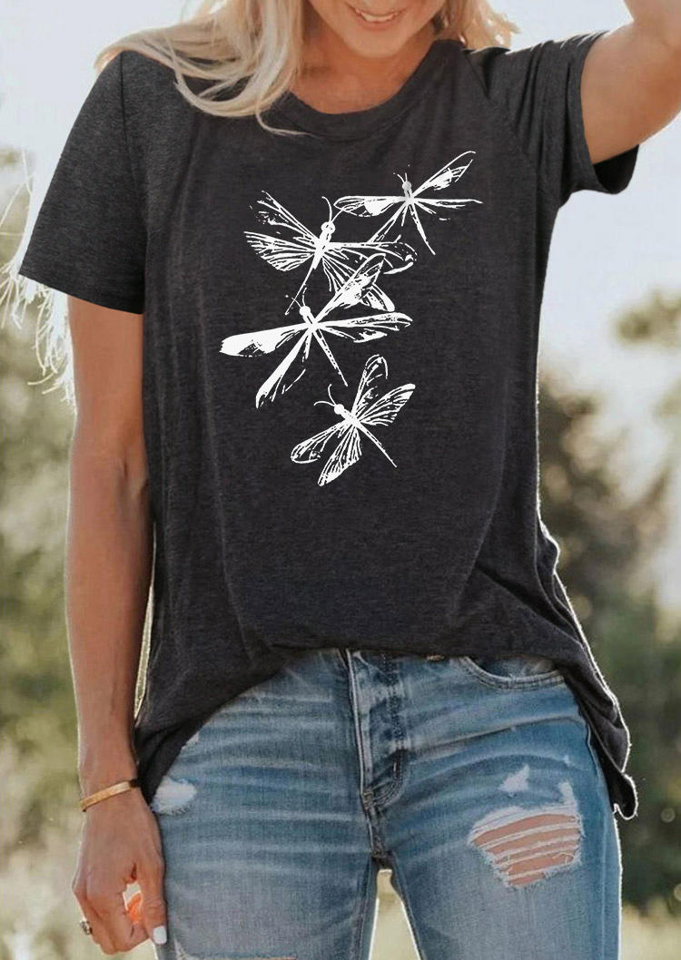 

Dragonfly O-Neck T-Shirt Tee - Dark Grey, Gray, SCM004590