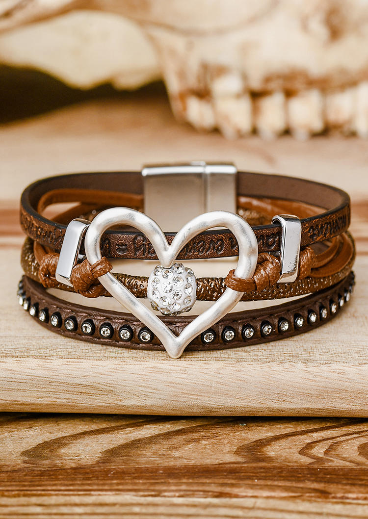 

Heart Rhinestone Hollow Out PU Leather Bracelet, Brown, SCM004069