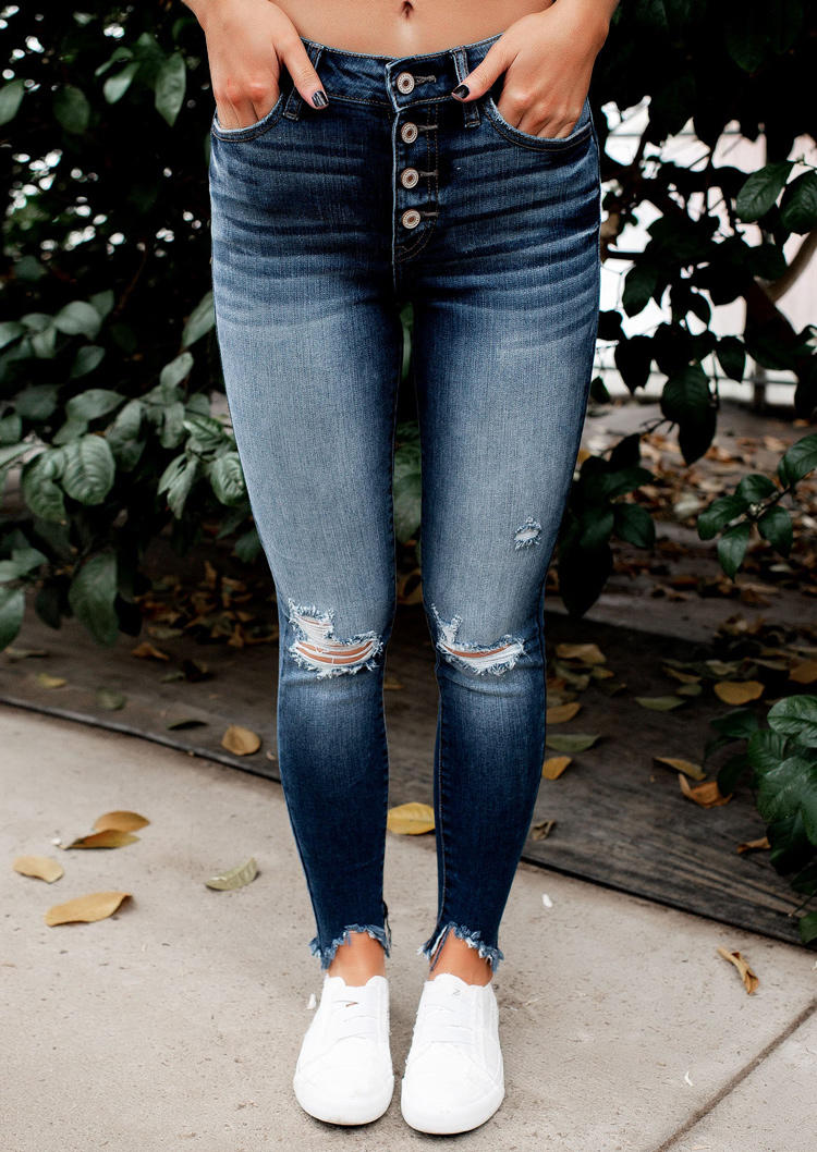 

Ripped Hole Pocket Button Denim Pants - Deep Blue, SCM004116