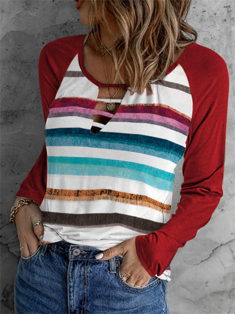 

Colorful Striped Keyhole Neck Raglan Sleeve Blouse, Multicolor, SCM004165