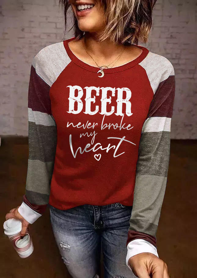 

Beer Never Broke My Heart Color Block Striped T-Shirt Tee - Red, SCM004456