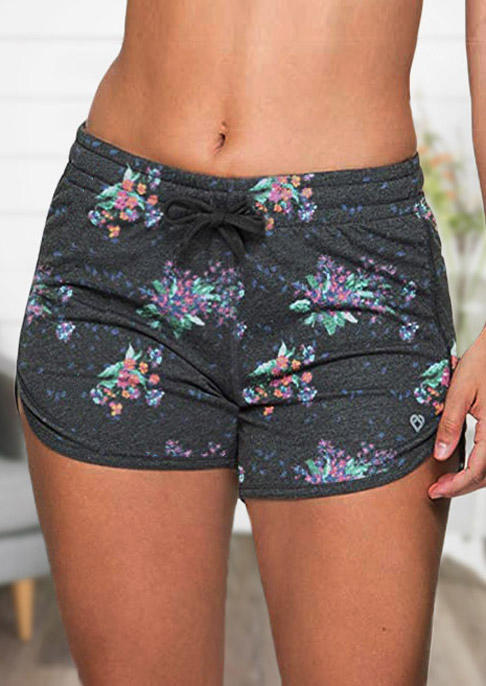 

Floral Tie Elastic Waist Shorts - Dark Grey, Gray, SCM004500