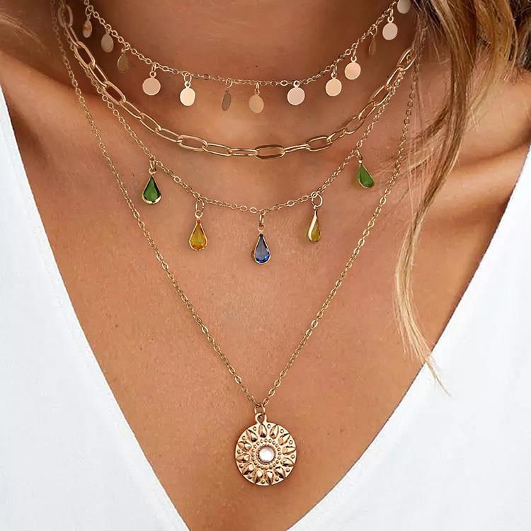 Floral Water Drop Coin Multi-Layered Necklace