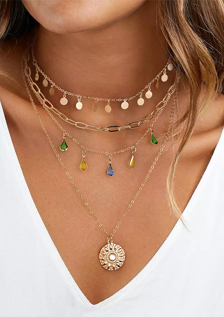 

Floral Water Drop Coin Multi-Layered Necklace, Gold, SCM004537