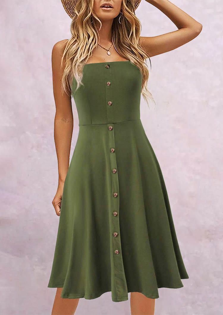 

Button Spaghetti Strap Slit Midi Dress - Army Green, SCM004564