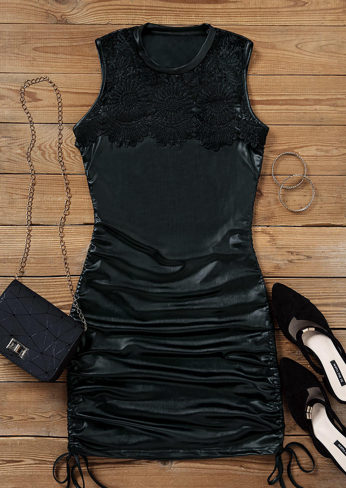 Lace Splicing Drawstring Sleeveless Bodycon Dress - Black