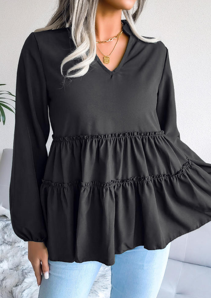 

Ruffled Long Sleeve V-Neck Blouse - Black, SCM004629