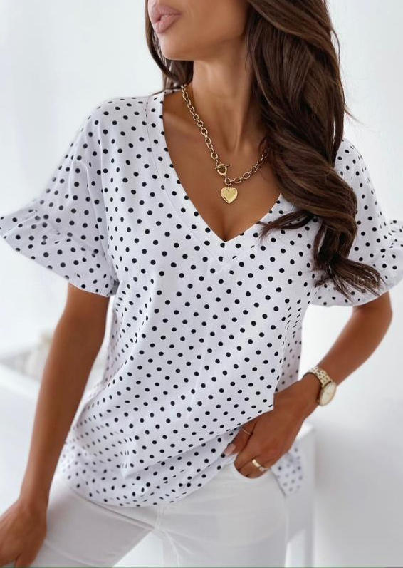 

Polka Dot Ruffled Short Sleeve Blouse - White, SCM004692