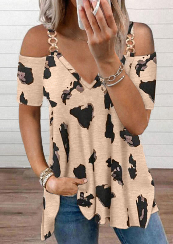 

Leopard Metal Chain Cold Shoulder Blouse, Multicolor, SCM004710
