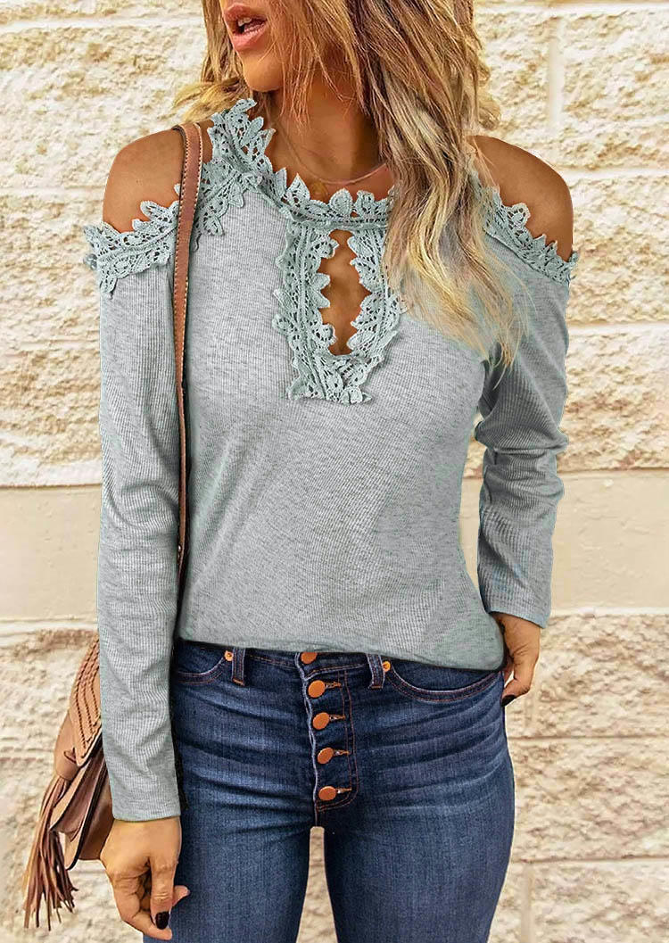 

Lace Splicing Open back Cold Shoulder Blouse - Light Grey, Gray, SCM003934