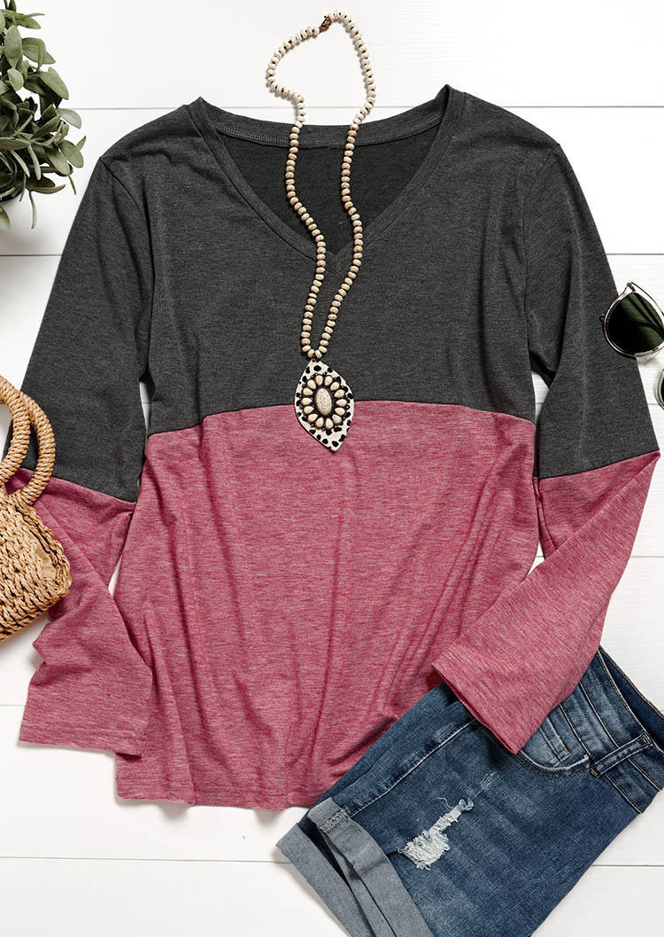 

Color Block V-Neck Long Sleeve Blouse - Brick Red, SCM004008