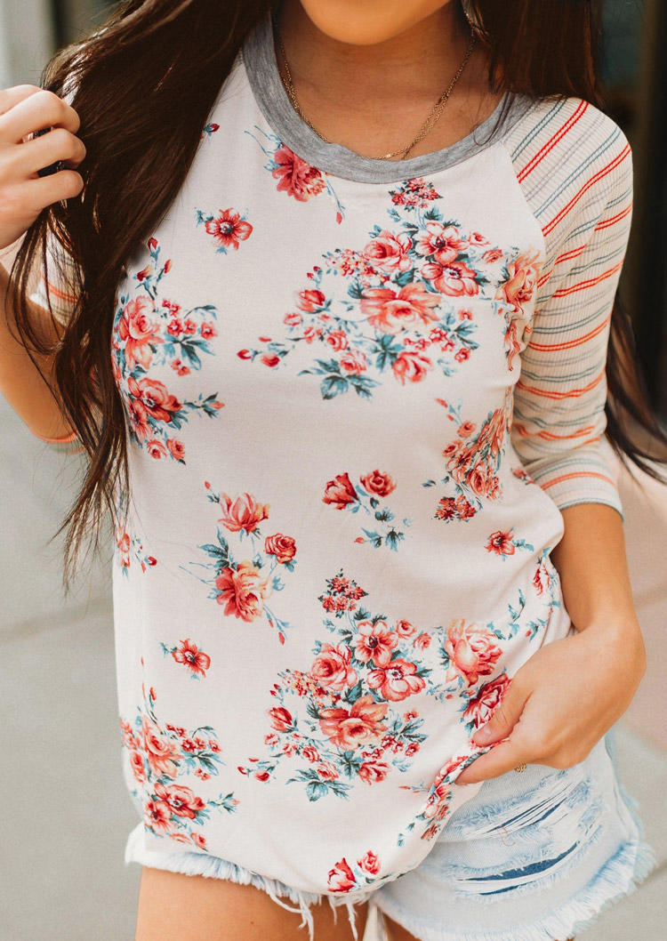 

Floral Striped O-Neck Casual Blouse - White, SCM004166