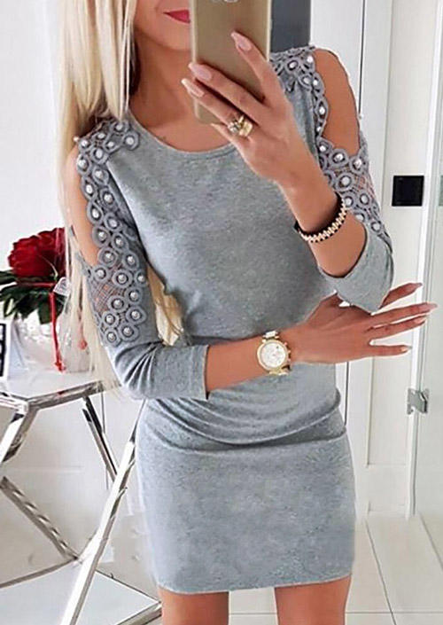 

Pearl Lace Splicing Hollow Out Cold Shoulder Bodycon Dress - Gray, SCM004399