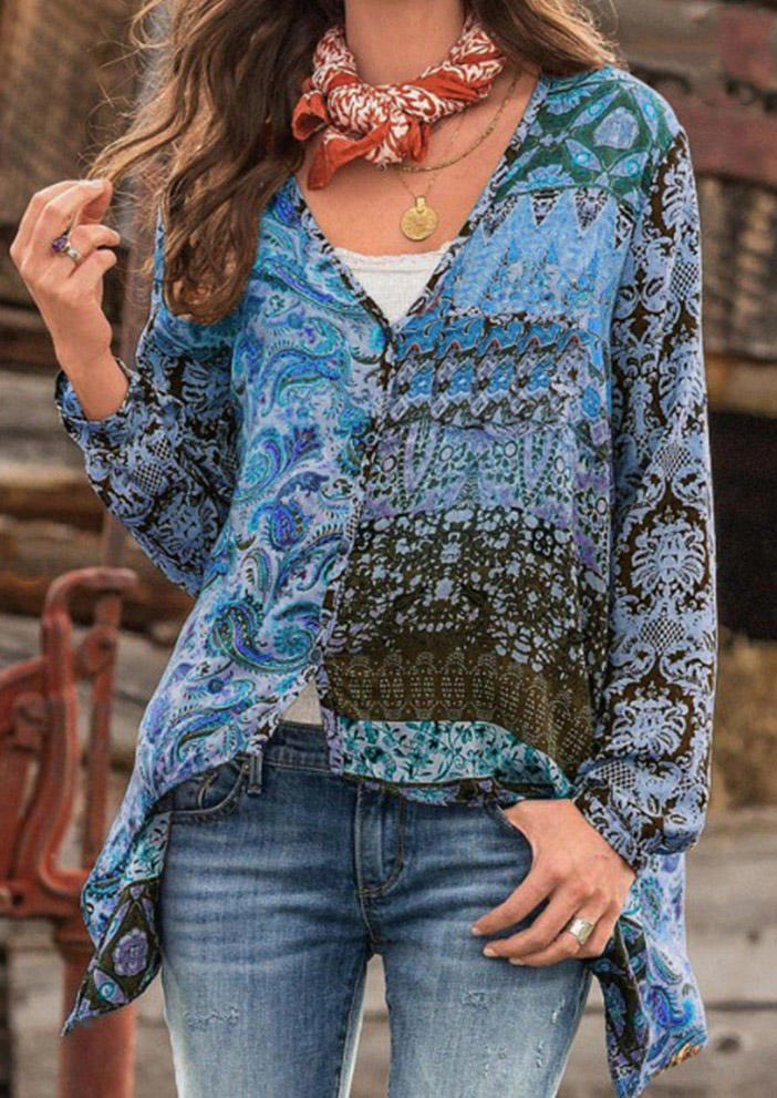 

Vintage Ethnic Buttons V-Neck Blouse - Blue, SCM004518