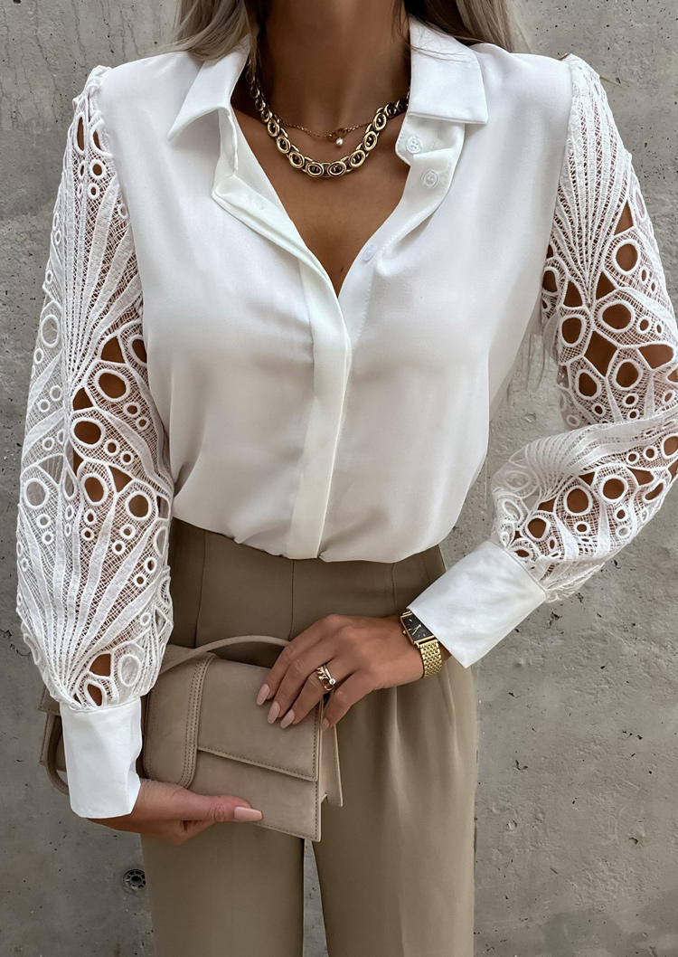 

Lace Splicing Button Long Sleeve Shirt - White, SCM004567