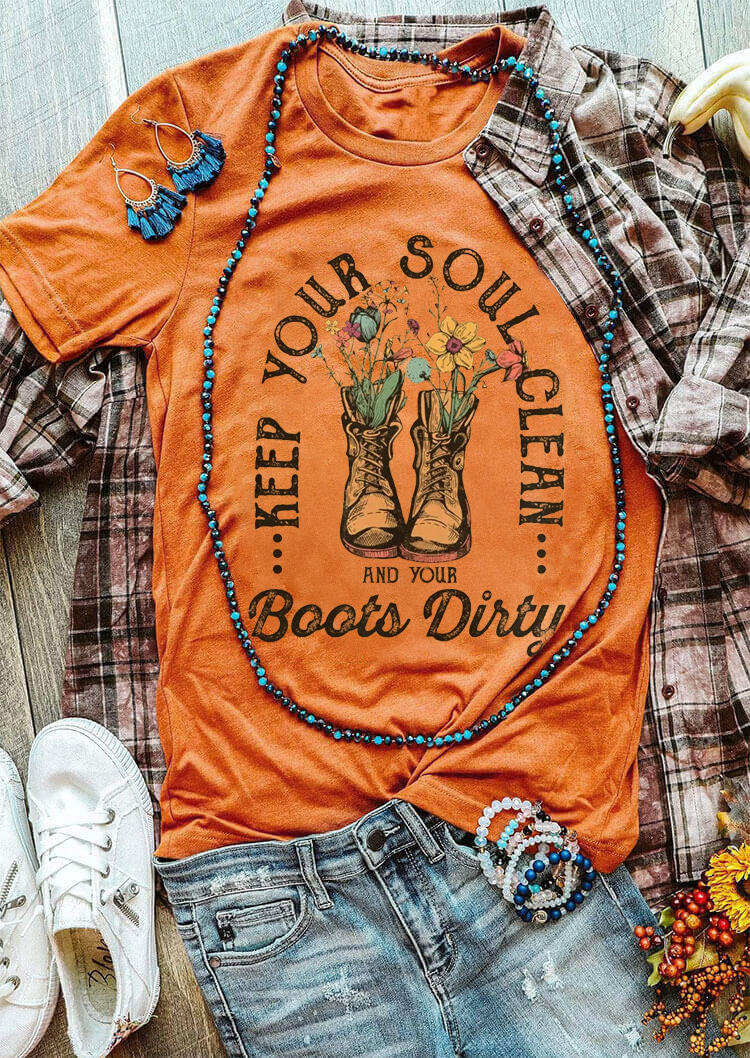 

Keep Your Soul Clean Boots Dirty Floral T-Shirt Tee - Orange, SCM004628