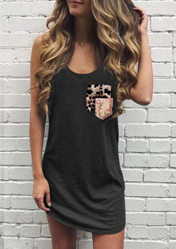

Leopard Sequined Pocket Sleeveless Mini Dress, Multicolor, SCM004698