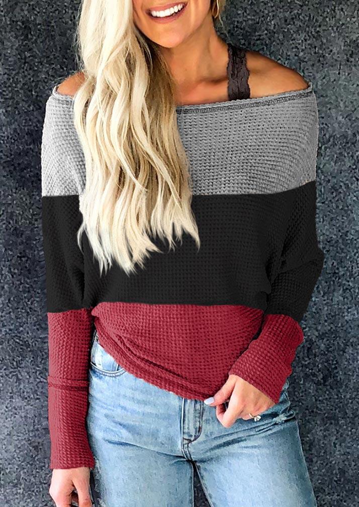 

Color Block Off Shoulder Long Sleeve Waffle Blouse, Multicolor, SCM004360