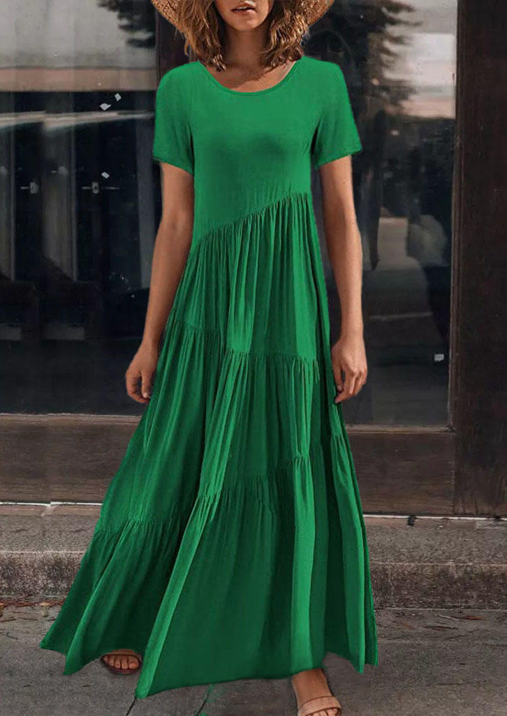 

Ruffled Short Sleeve O-Neck Maxi Dress - Green, SCM004495