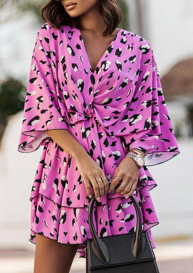 

Leopard Half Sleeve Layered Mini Dress - Rose Red, SCM004496