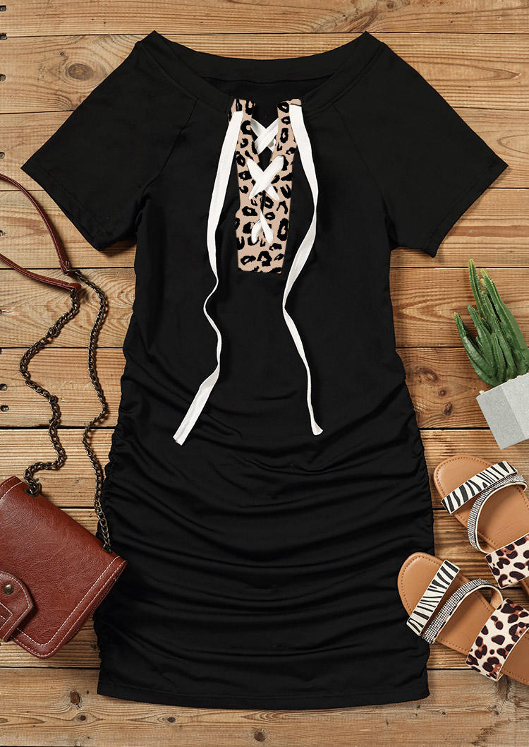Leopard Criss-Cross Ruched Bodycon Dress - Black