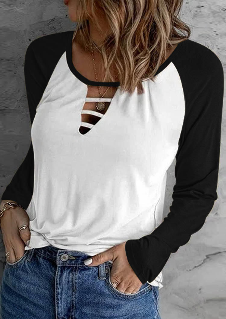 

Color Block Hollow Out Long Sleeve Blouse - Black, SCM004632