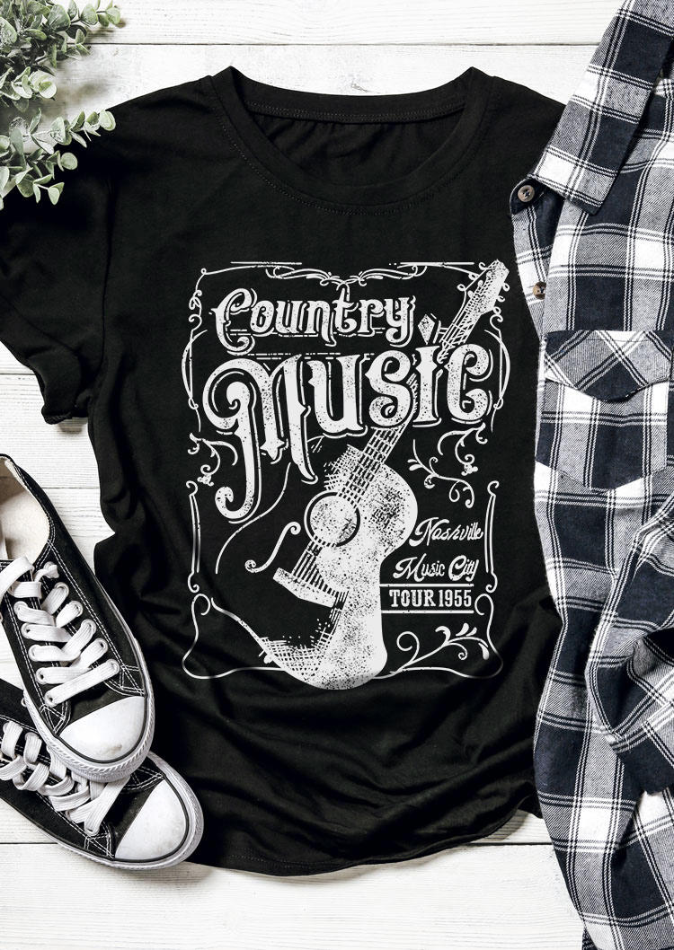 

Country Music Nashville City Tour 1955 Guitar O-Neck T-Shirt Tee - Black, SCM004662