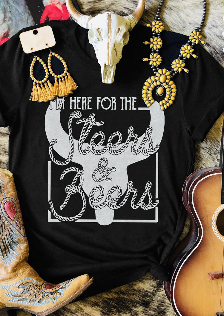 

I'm Here For The Steers & Beers T-Shirt Tee - Black, SCM004663