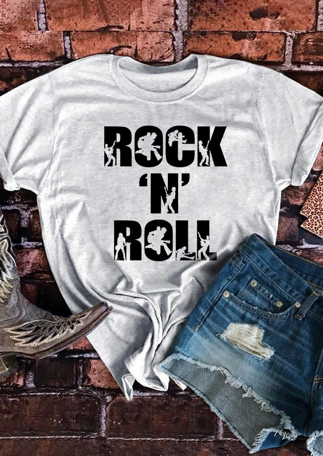 

Rock And Roll O-Neck T-Shirt Tee - Light Grey, Gray, SCM004684