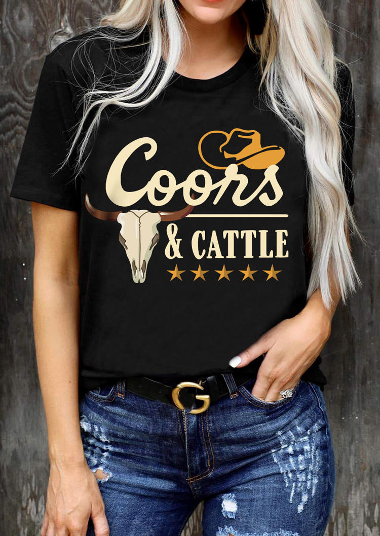 

Coors & Cattle Steer Skull Hat O-Neck T-Shirt Tee - Black, SCM004686