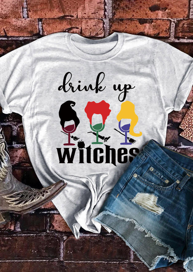 

Halloween Drinks Up Witches O-Neck T-Shirt Tee - Light Grey, Gray, SCM004690