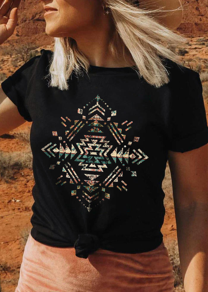 Aztec Geometric Western T-Shirt Tee - Black