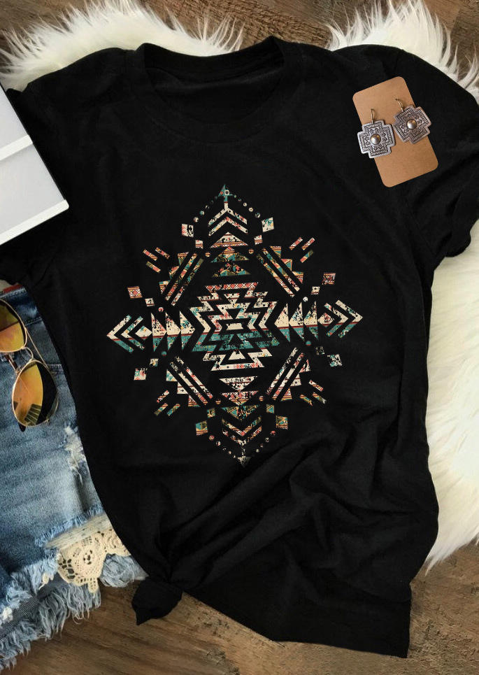 

Aztec Geometric Western T-Shirt Tee - Black, SCM004703