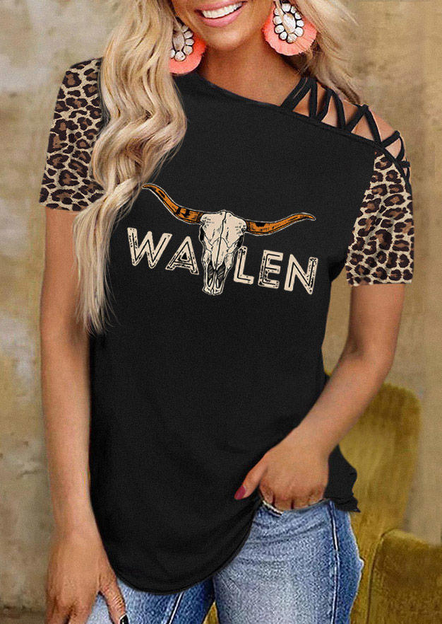

Leopard Steer Skull Walen Criss-Cross Blouse - Black, SCM004705