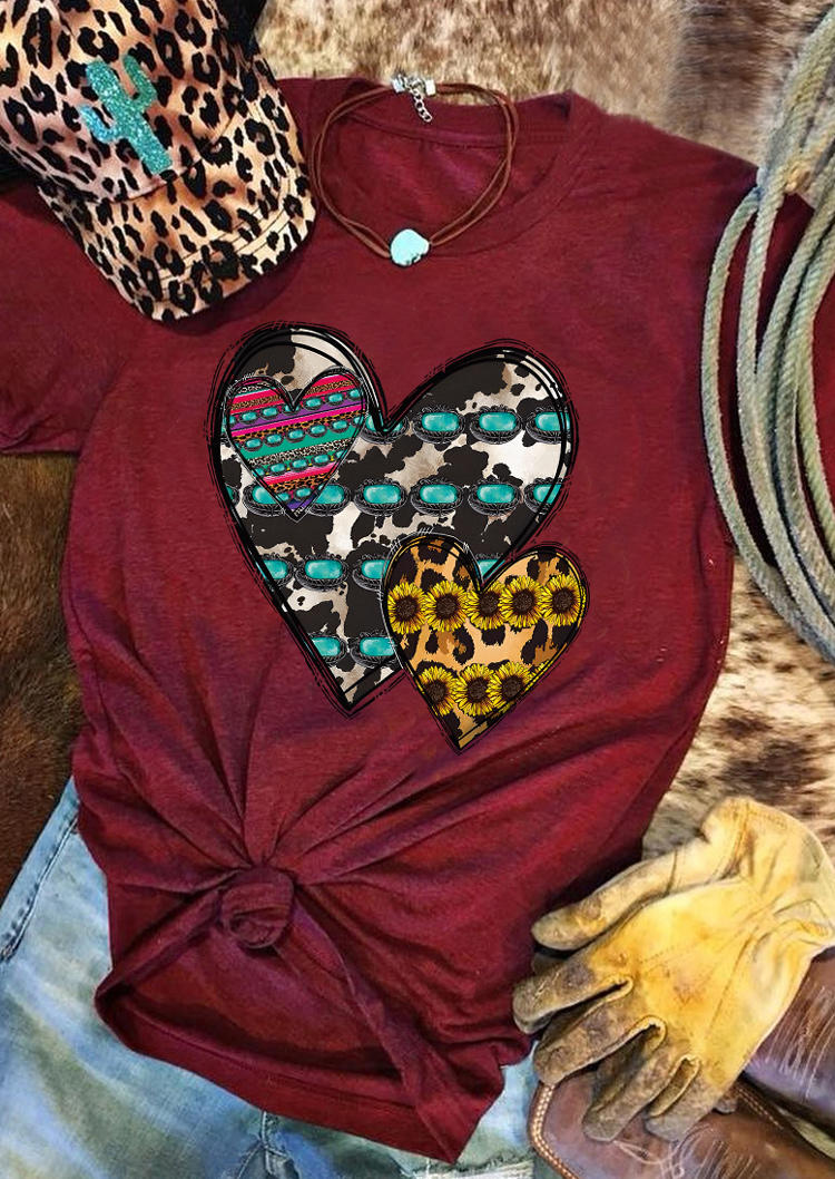 

Leopard Cow Sunflower Turquoise Heart T-Shirt Tee - Burgundy, Red, SCM004761