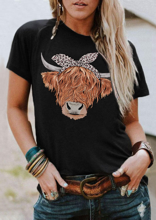 

bellelily Highland Cattle Leopard O-Neck T-Shirt Tee - Black, 520129