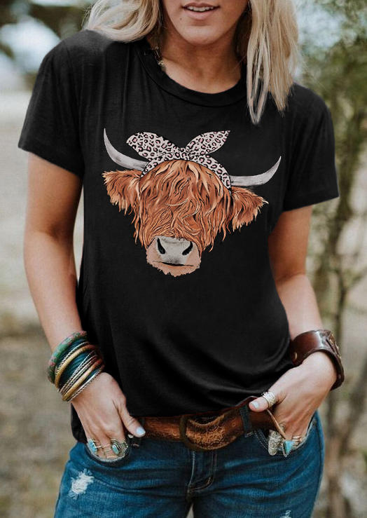 Cute Cattle Leopard O-Neck T-Shirt Tee - Black