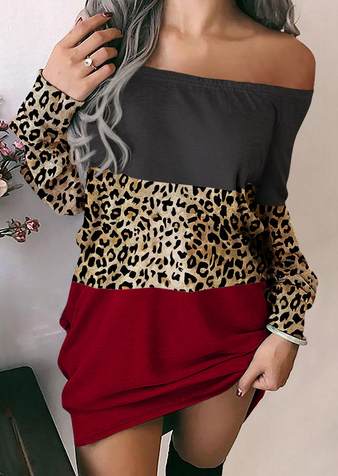 

Leopard Color Block Long Sleeve Mini Dress, Multicolor, SCM004406