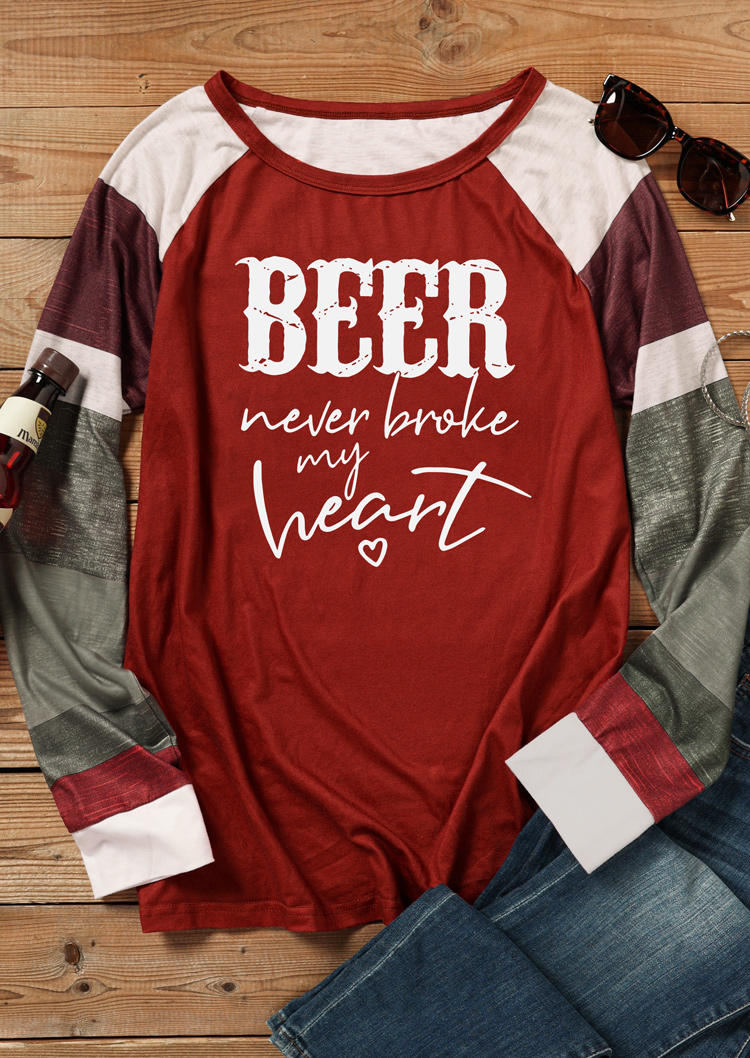 Beer Never Broke My Heart Color Block Striped T-Shirt Tee - Red
