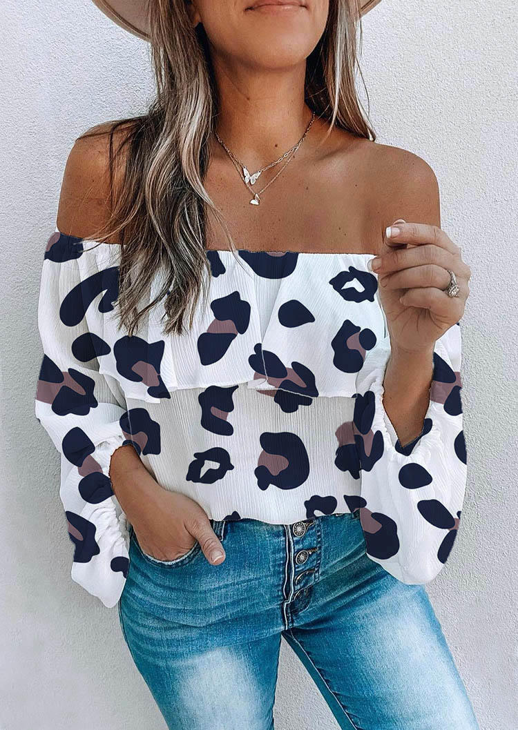 

Leopard Off Shoulder Long Sleeve Blouse, Multicolor, SCM004583