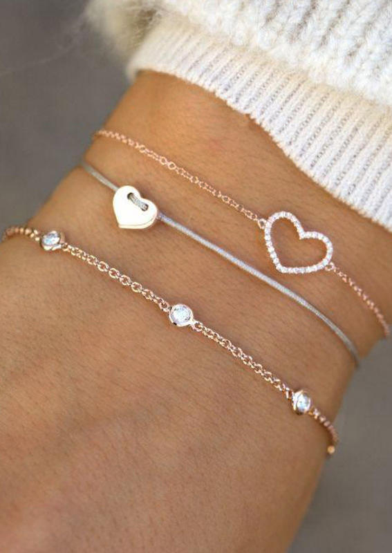 

3Pcs Hollow Out Heart Rhinestone Bracelet, Gold, SCM004644