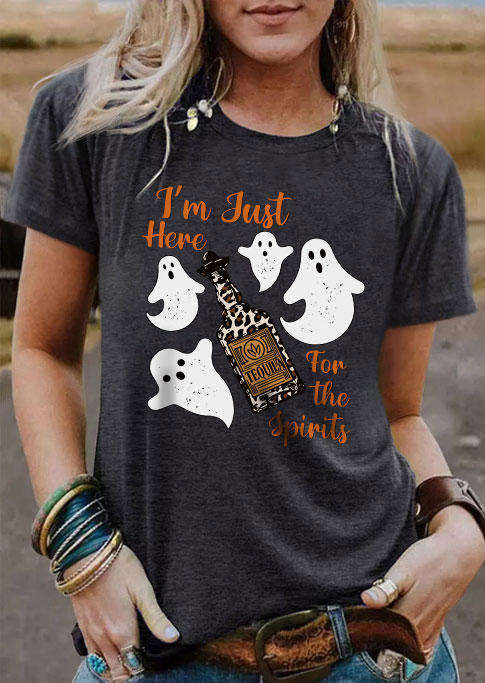 Halloween I'm Just Here For The Spirits Tequila O-Neck T-Shirt Tee - Dark Grey