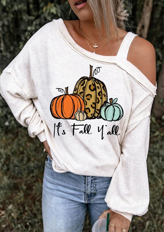 

It' Fall Y'all Pumpkin One Sided Cold Shoulder Blouse - White, SCM004618