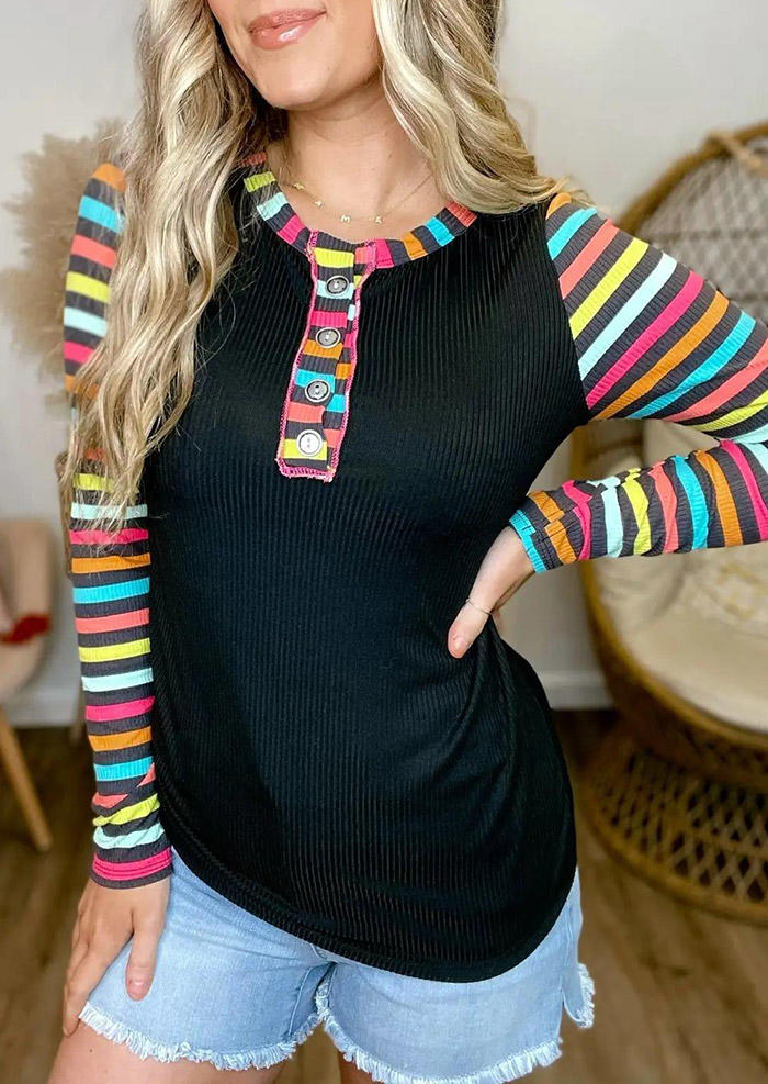 

Colorful Striped Button O-Neck Blouse - Black, SCM004680