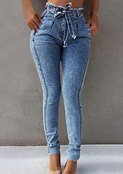 

Pocket Tie High Waist Denim Pants - Blue, SCM004744